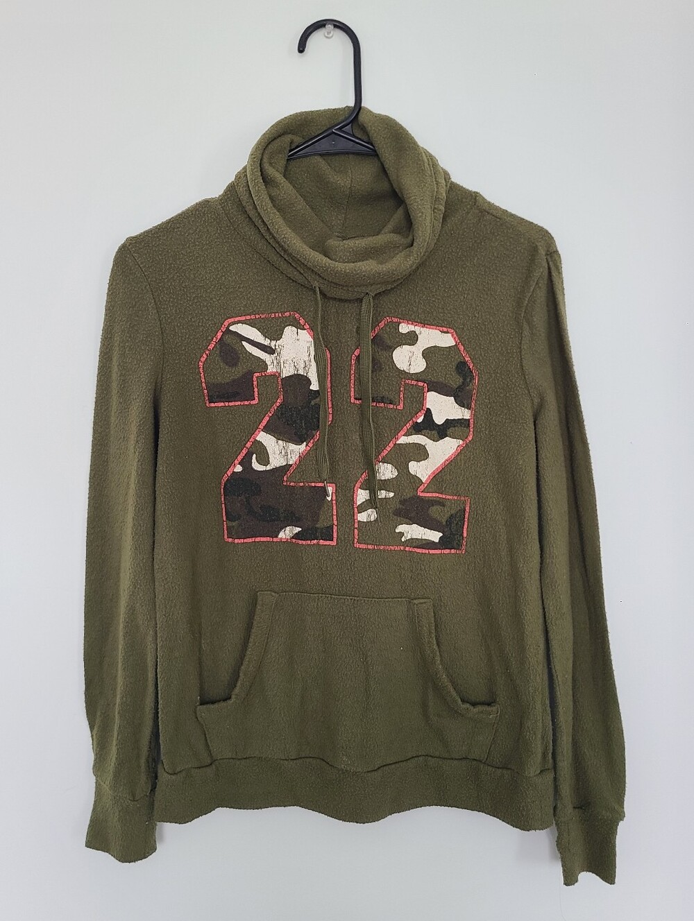 Women's Olive Green Cowl Neck Sweater with Camo '22' Detail